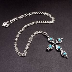 Sterling Silver Necklace w/ Cross Turquoise Teardrop Pendant Southwestern Boho
